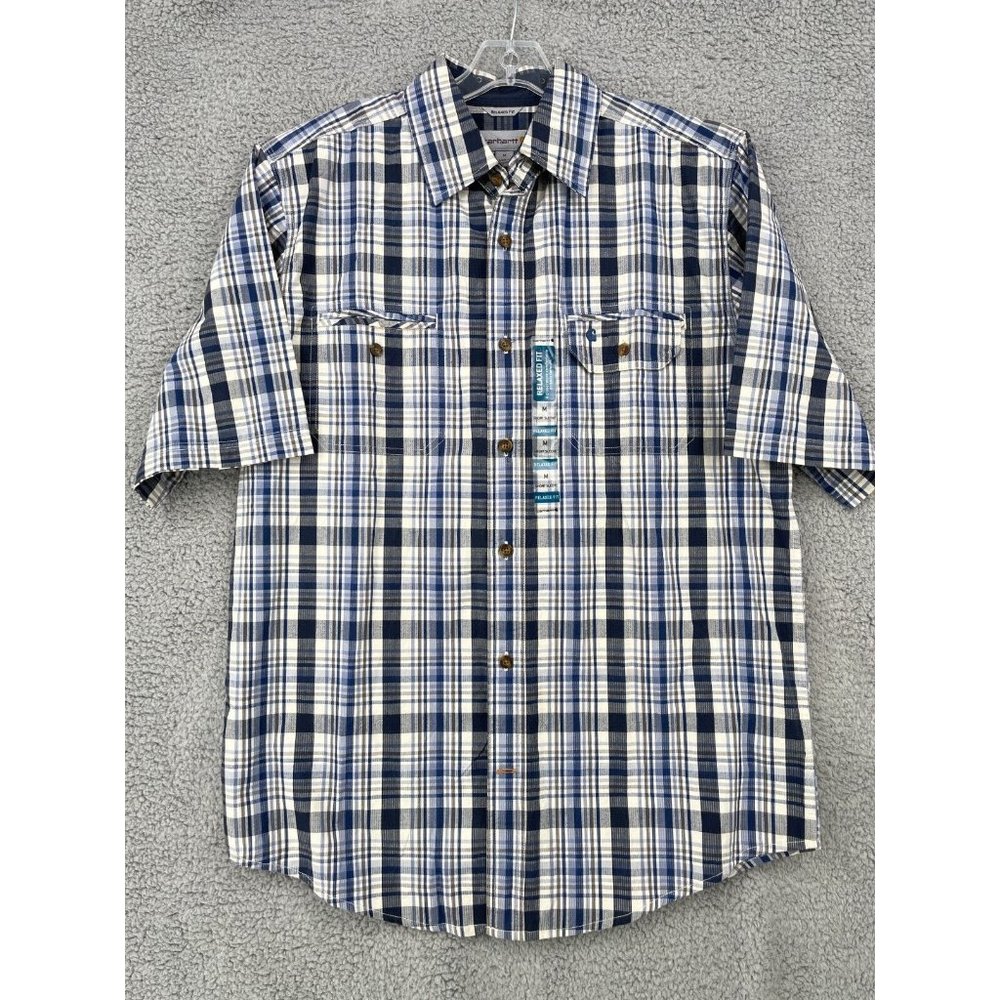 NEW Carhartt Men's Medium Relaxed Fit Button Front Shirt Plaid Short Sleeve Blue